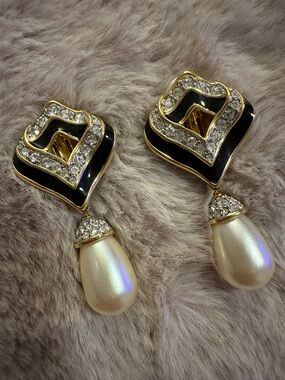 Vintage Swarovski S.A.L Clip-on Earrings - Faux Pearl & Rhinestone, Pre-1988